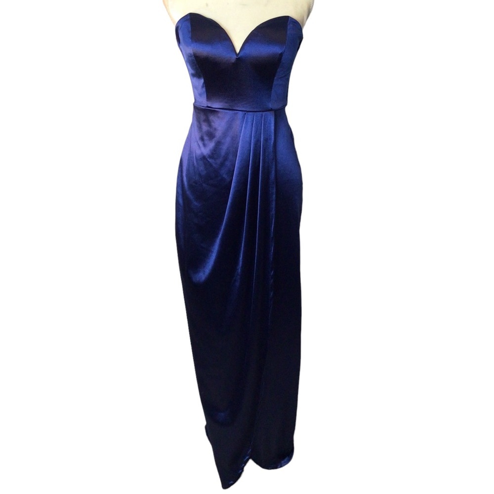 Teeze Me Navy Stretch Satin Faux Wrap Gown Size 5/6 NWT